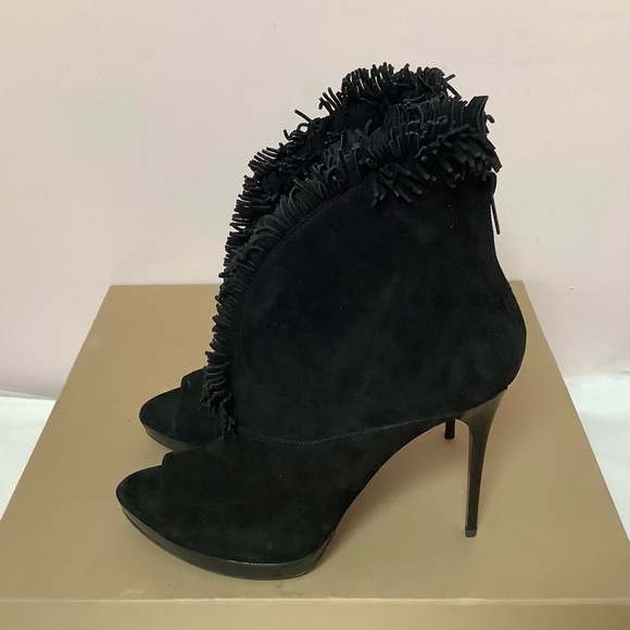 Burberry Nadison Suede Fringe Platform Peep-Toe Ankle Bootie - Picture 3 of 8